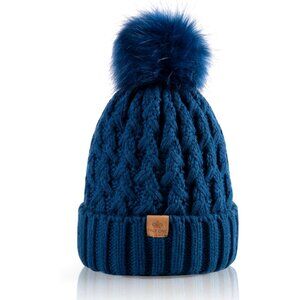 Women’s Peak blue Winter Ribbed Beanie Hat Chunky Cable Knit Pompom Warm